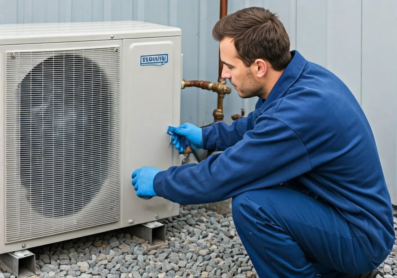 Image of a technician inspecting a heat pump outdoors. 35mm stock photo