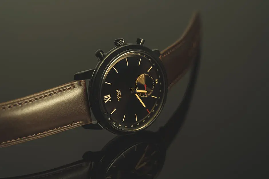 Luxurious black wristwatch with leather strap and analog display in close-up view.