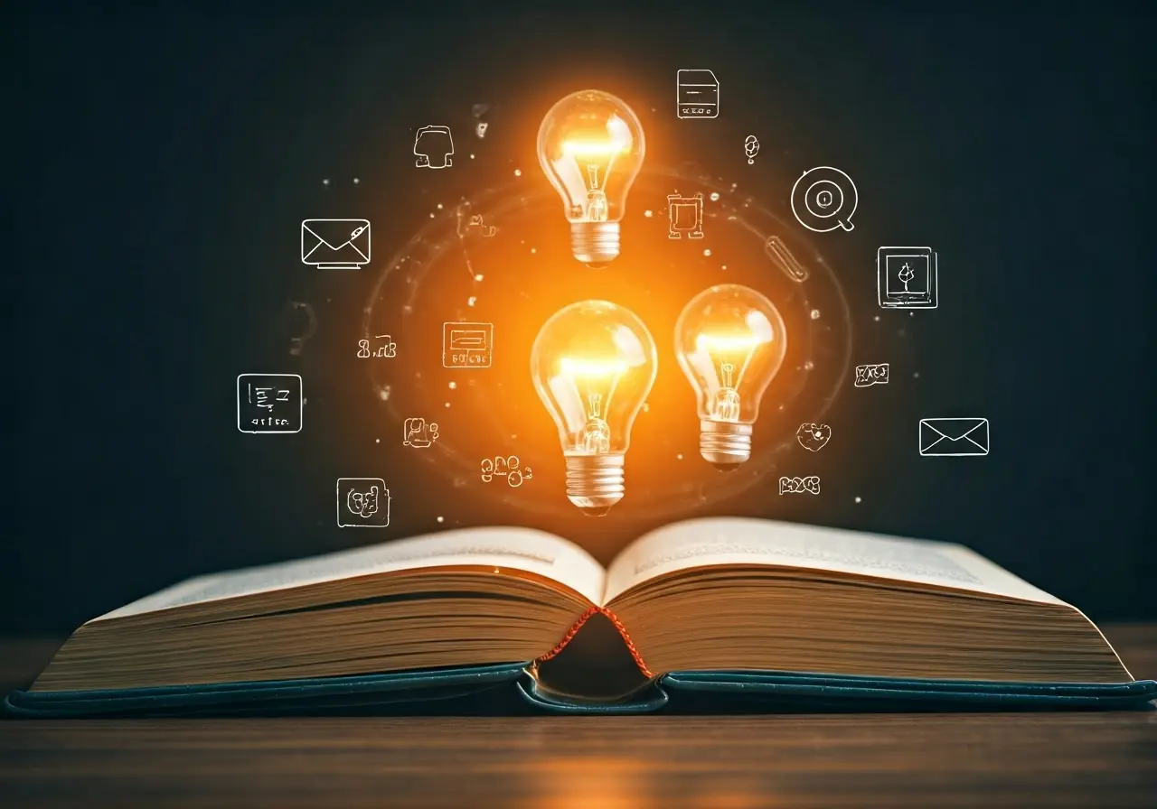 A colorful book surrounded by marketing icons and lightbulbs. 35mm stock photo