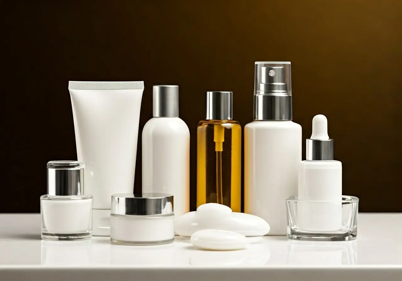 A variety of skincare products arranged on a bathroom counter. 35mm stock photo