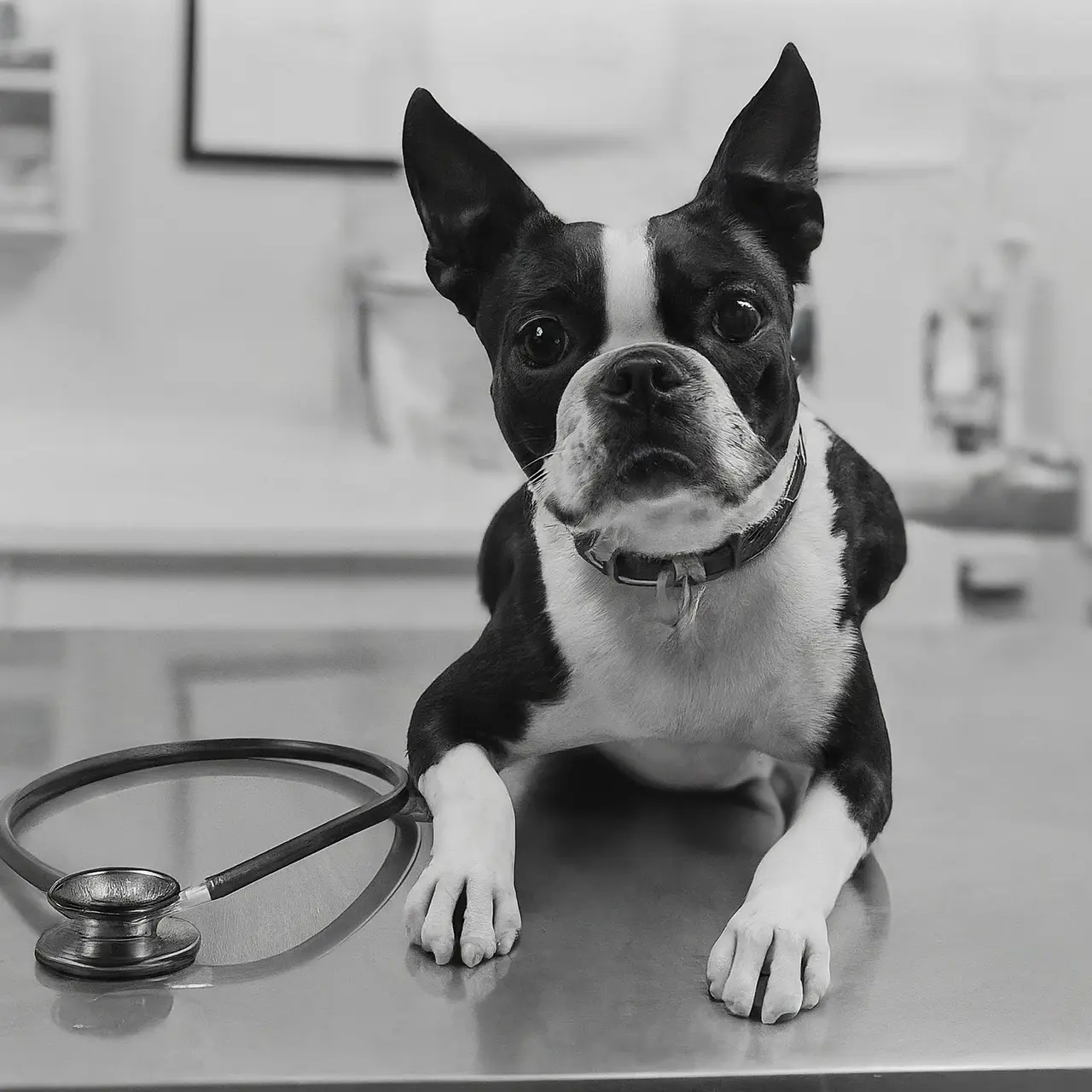 Boston Terrier in a vet clinic with a stethoscope nearby. 35mm stock photo