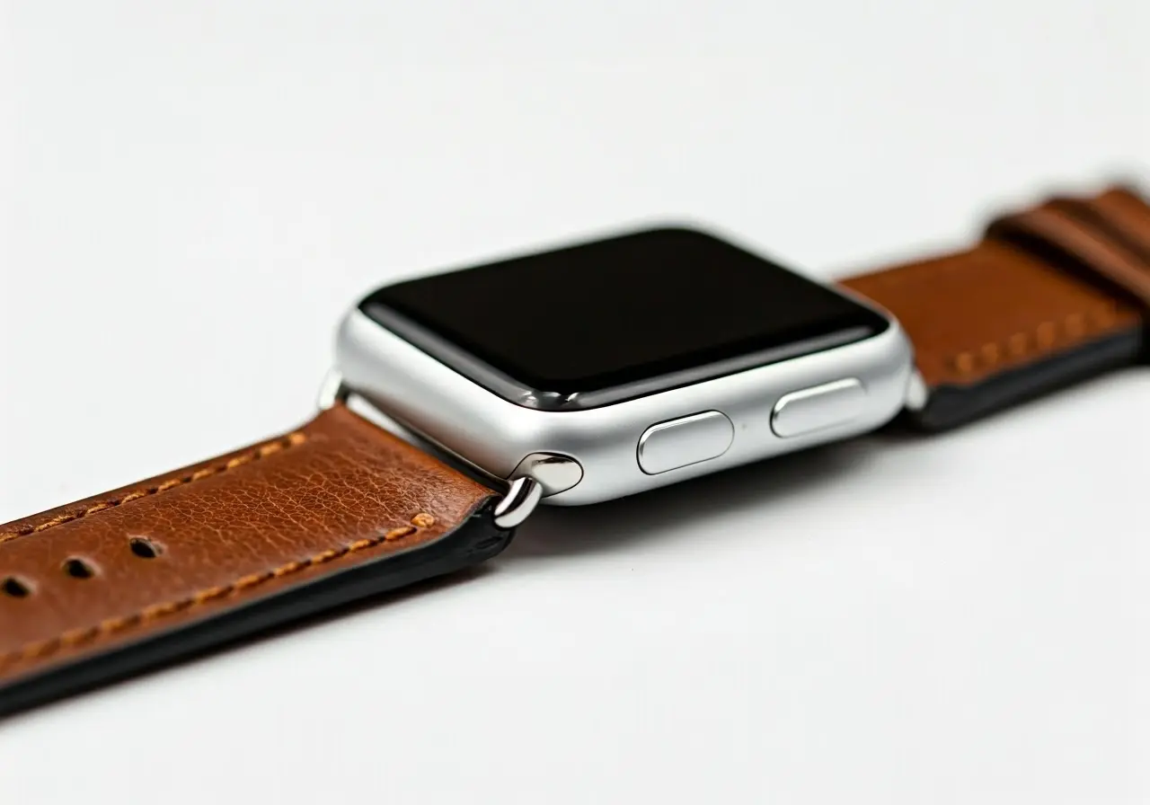 A close-up of a luxurious full grain leather Apple Watch band. 35mm stock photo