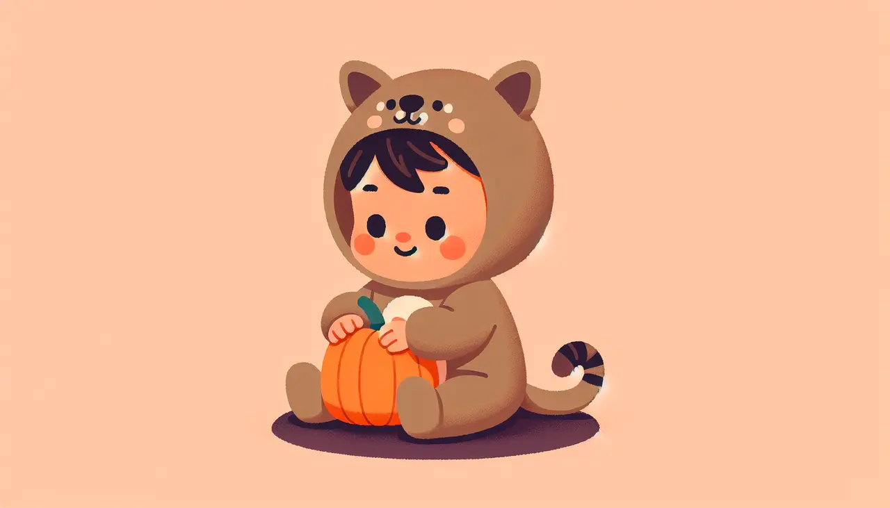 Draw a graphic in flat design style. A cute baby in a simple, adorable animal costume holding a small pumpkin.