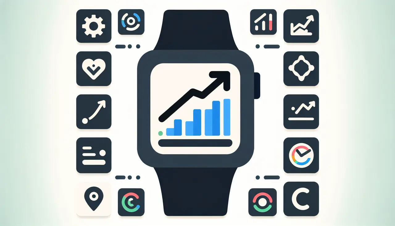 Draw a graphic in flat design style. A smartwatch displaying a rising graph with an upward arrow on the screen, surrounded by app icons.