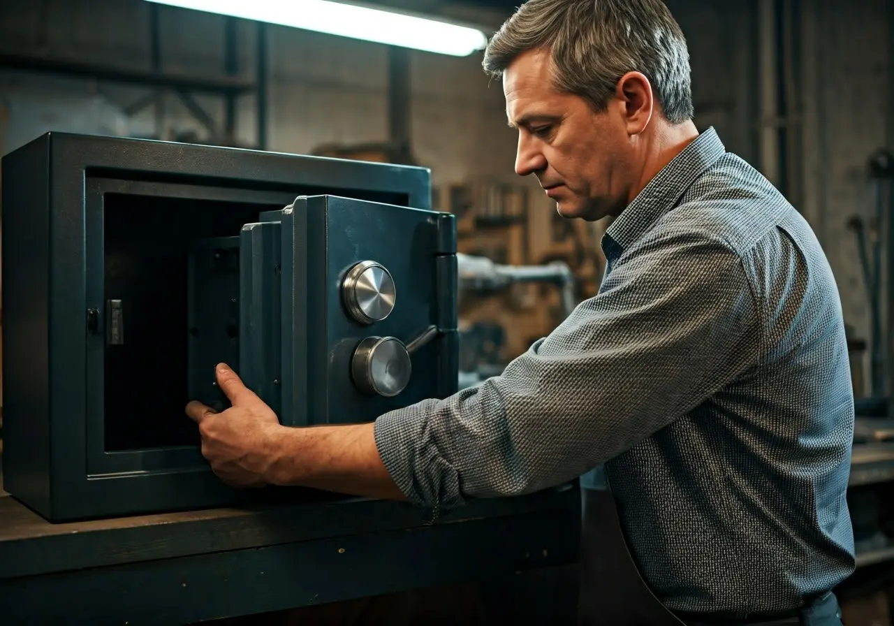 A locksmith repairing a secure, heavy-duty safe in workshop. 35mm stock photo