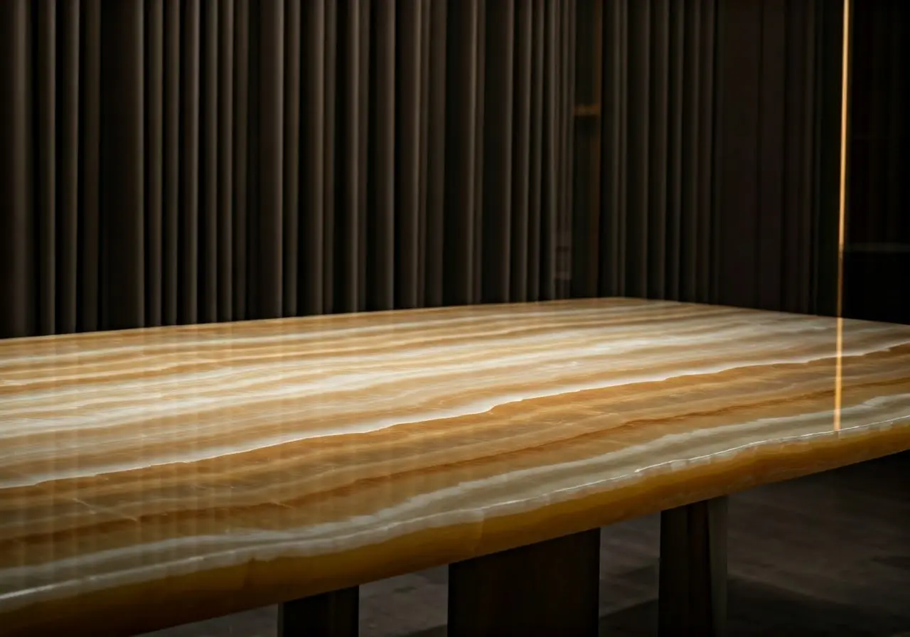 A luxurious honey onyx marble table in a modern room. 35mm stock photo