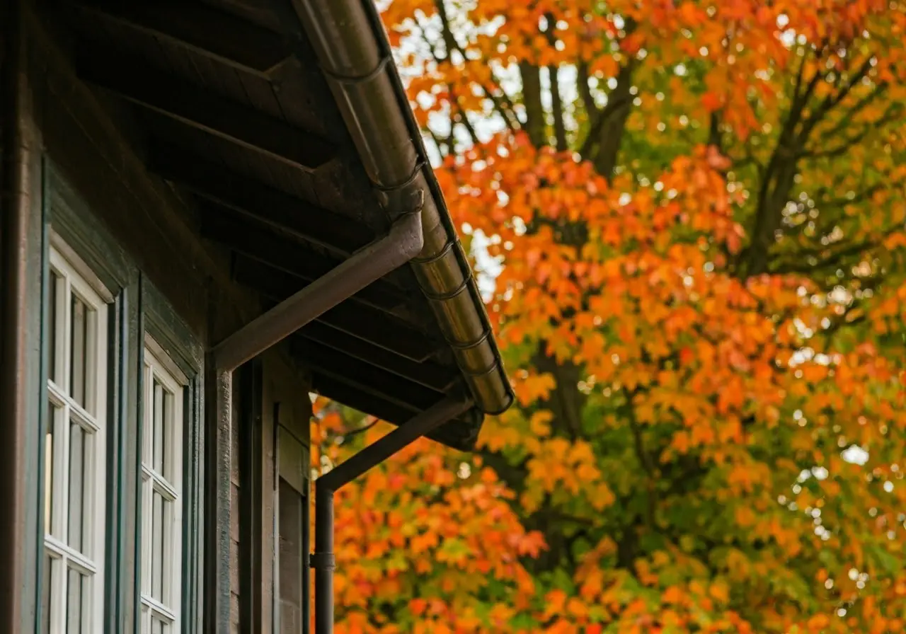 Clean windows and gutters with autumn leaves in background. 35mm stock photo