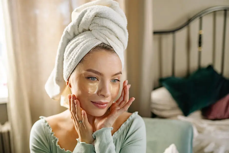 Woman in bathrobe with towel on head applies under eye mask for skincare at home.