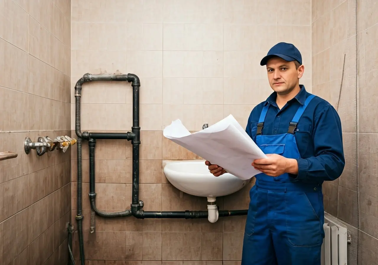 A plumber inspecting bathroom pipes with blueprints in hand. 35mm stock photo