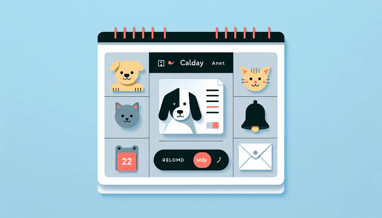 Draw a graphic in flat design style. Illustrate a sleek, digital calendar surrounded by icons of a dog, cat, and a reminder bell, all in a modern, flat design style. Keep the composition clean and straightforward.