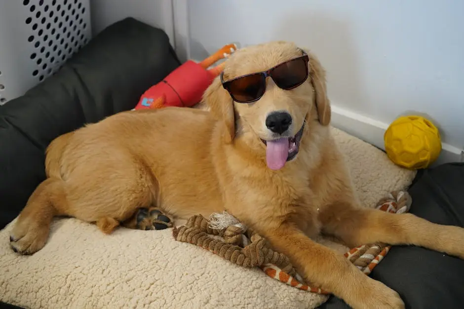 Adorable golden retriever puppy lounging indoors with sunglasses and toys, showcasing a relaxed and playful vibe.