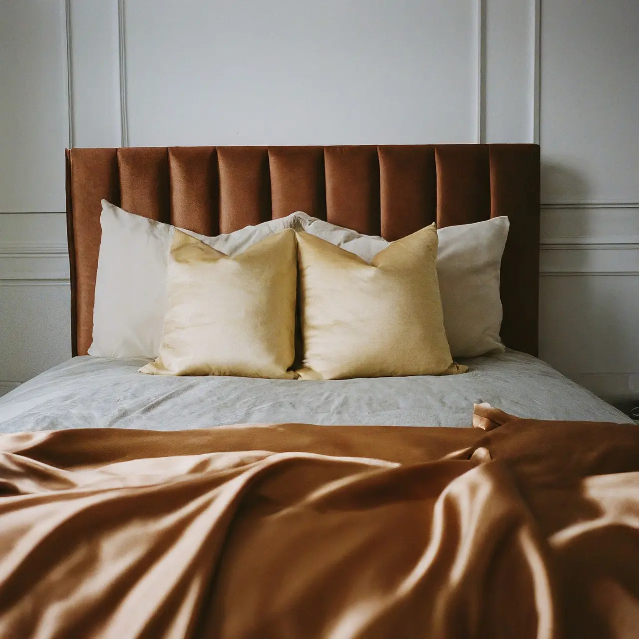 Elegant bed with plush pillows and silky throw blankets. 35mm stock photo