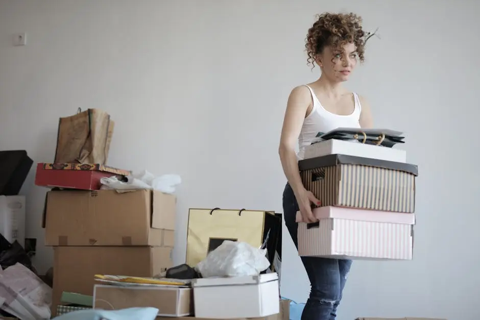 A young woman carrying boxes during a move into a new apartment, surrounded by packed belongings.