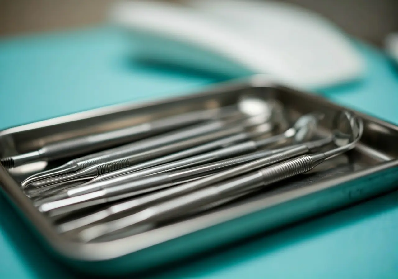 Close-up of dental tools arranged neatly on a tray. 35mm stock photo