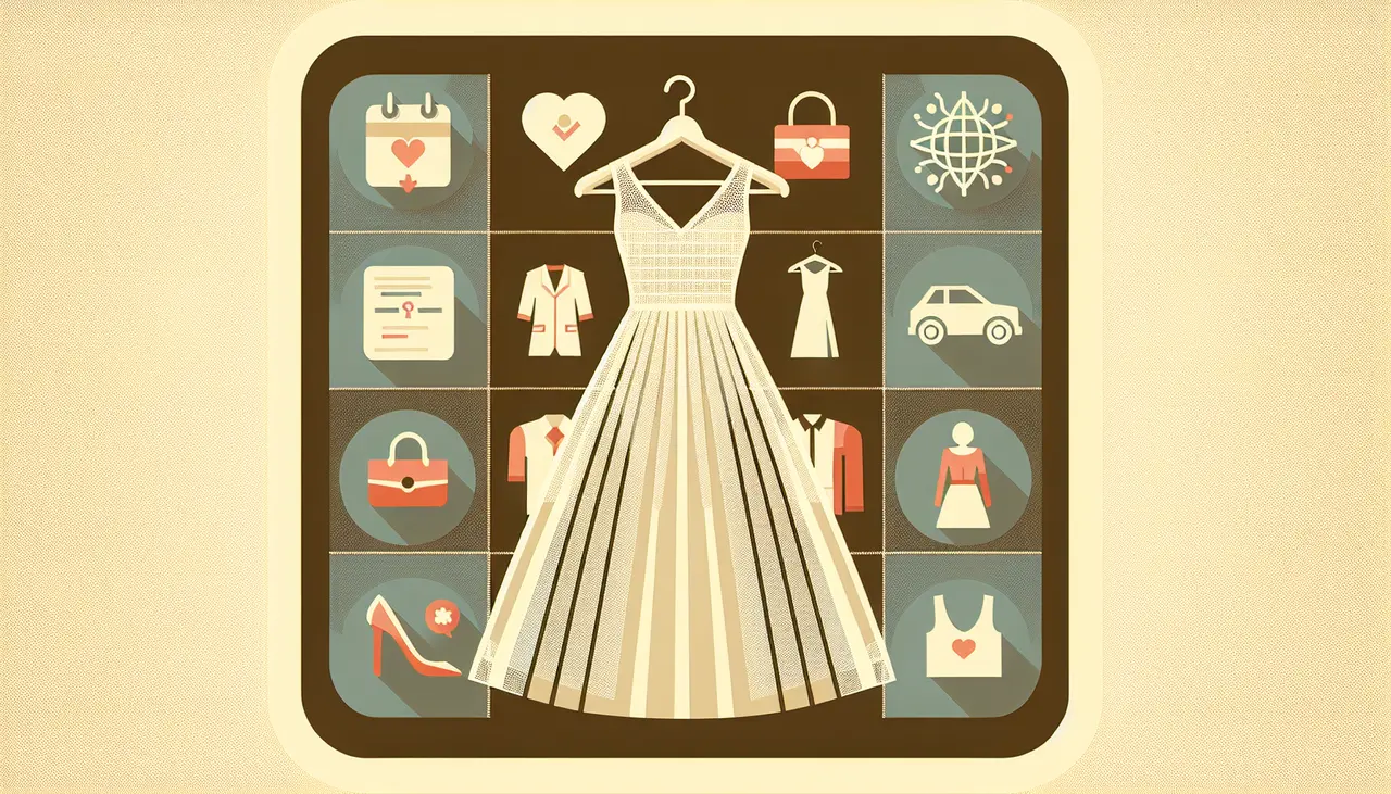 Draw a graphic in flat design style. Create an illustration of a gathered mesh dress on a hanger against a background with icons representing different occasions (wedding, casual outing, party).