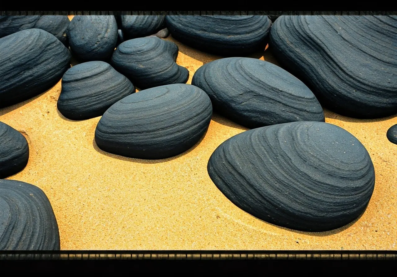 Smooth black river rocks on a sandy riverbed. 35mm stock photo