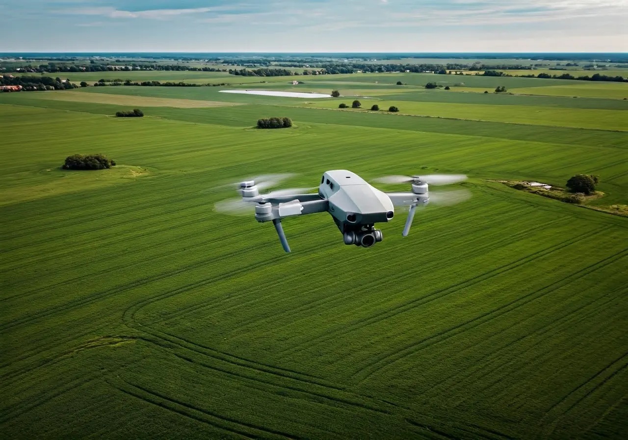 Aerial view of a drone flying over lush green fields. 35mm stock photo