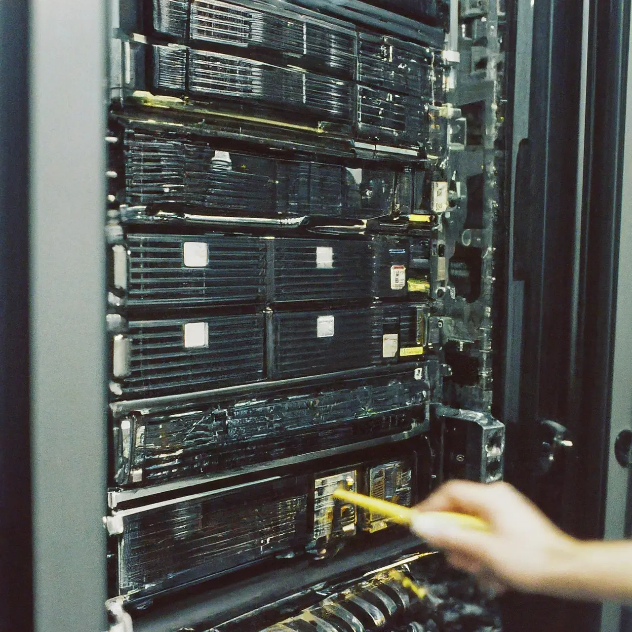 A computer technician repairing a server rack in a data center. 35mm stock photo