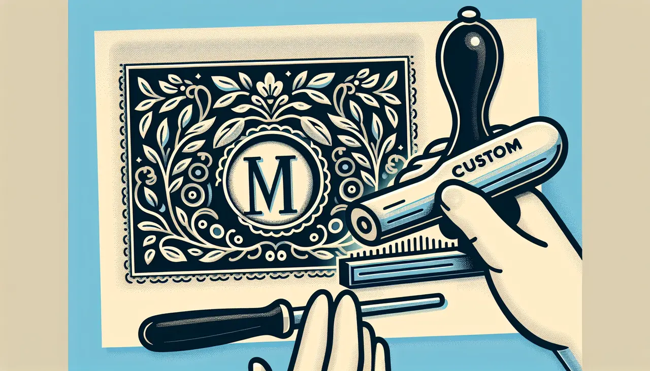 Draw a graphic in flat design style. A custom embosser pressing a paper with a decorative, embossed monogram.