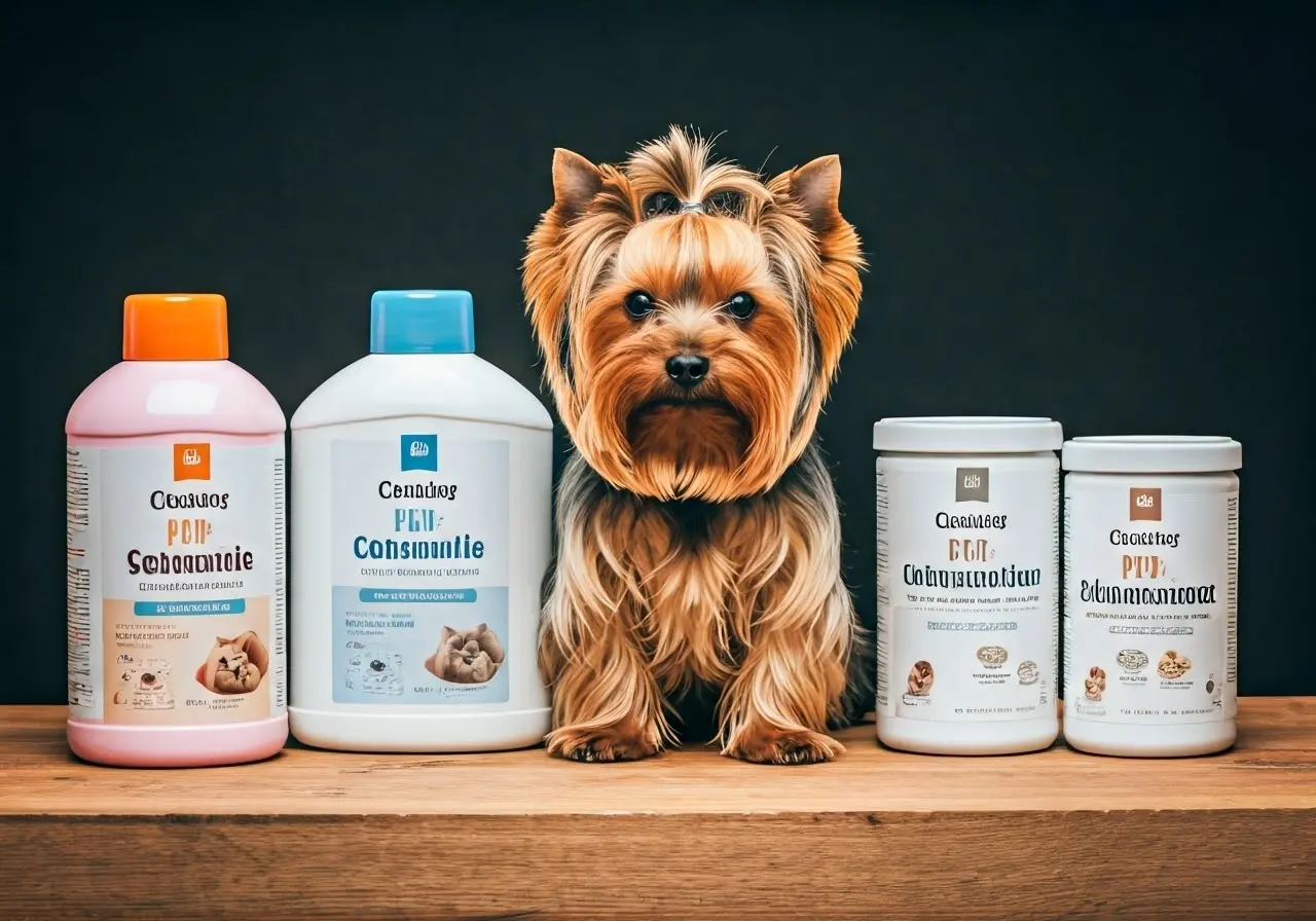 Yorkshire Terrier surrounded by various pet products on display. 35mm stock photo