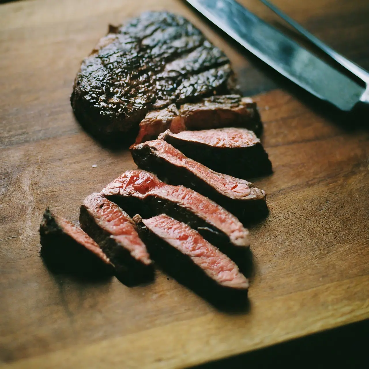 Juicy bison steak on a wooden cutting board. 35mm stock photo