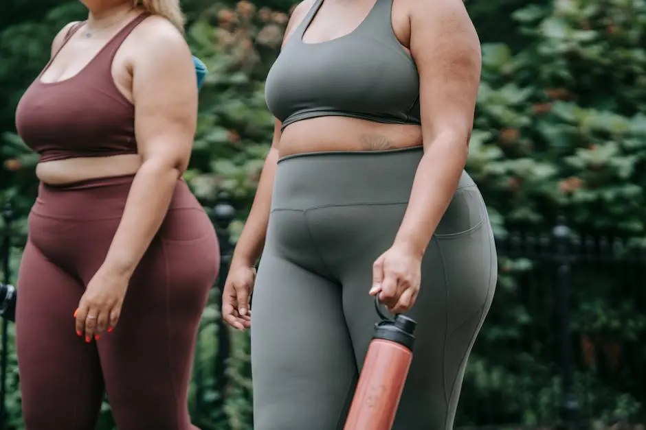 Two plus-size women exercising outdoors, showcasing body positivity and stylish sportswear.