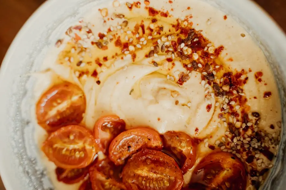 Delicious spiced hummus topped with roasted cherry tomatoes and sesame seeds.