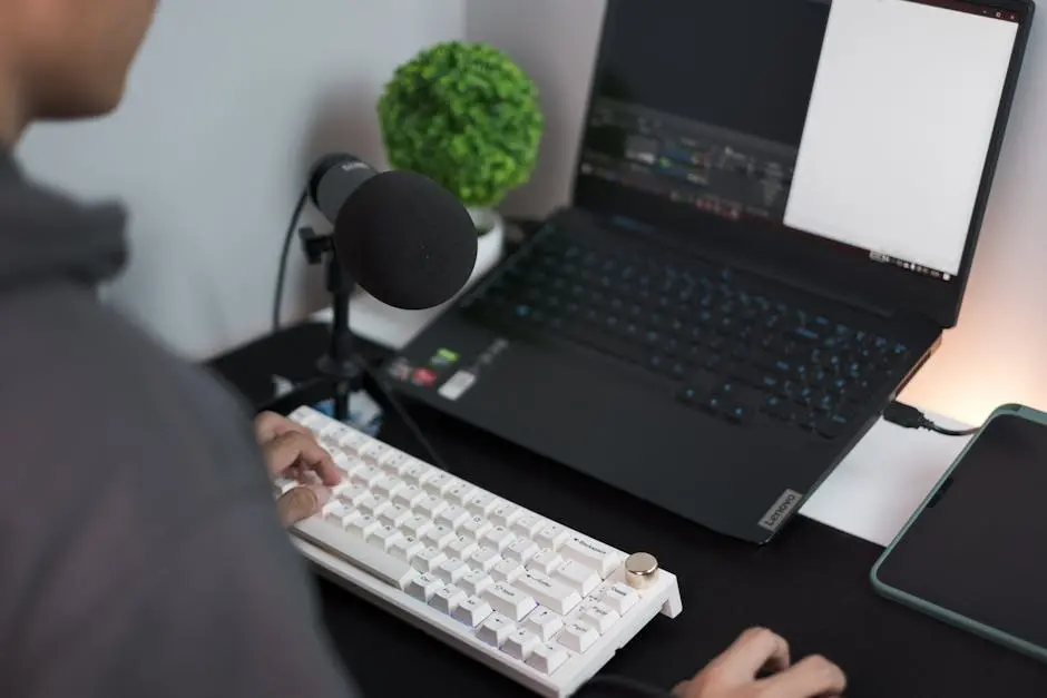 A person at a desk with a laptop, microphone, and keyboard in a modern setup.