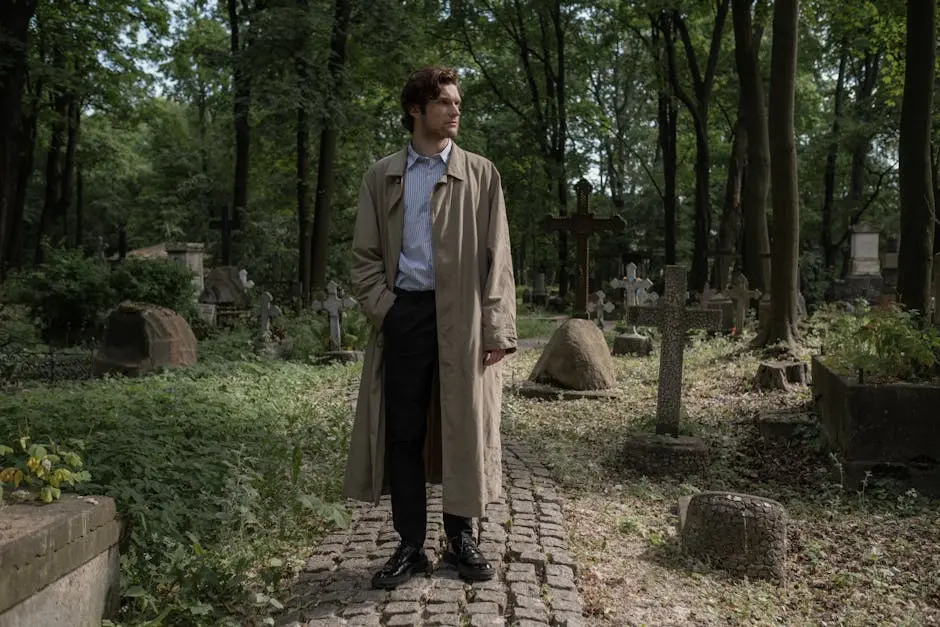 A Man in a Trench Coat Standing in an Old Cemetery