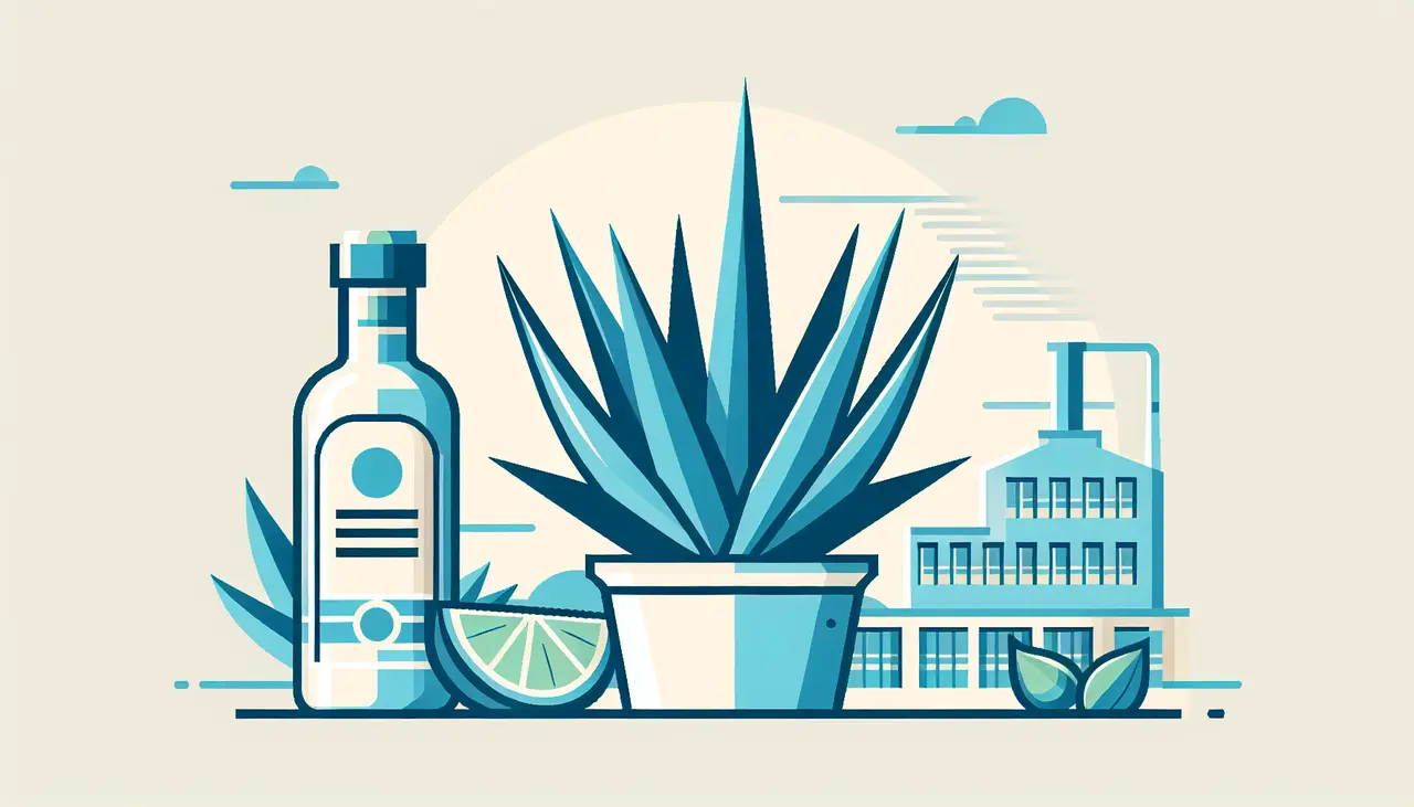 Draw a graphic in flat design style. A minimalist illustration of a blue agave plant with a bottle of tequila and a simple distillery in the background.