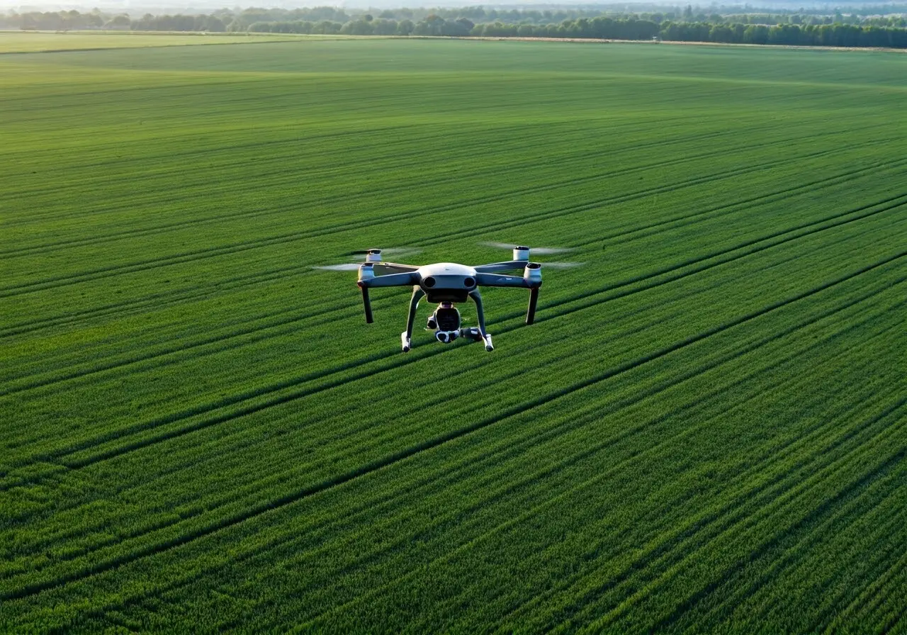 A drone flying over vast green agricultural fields. 35mm stock photo