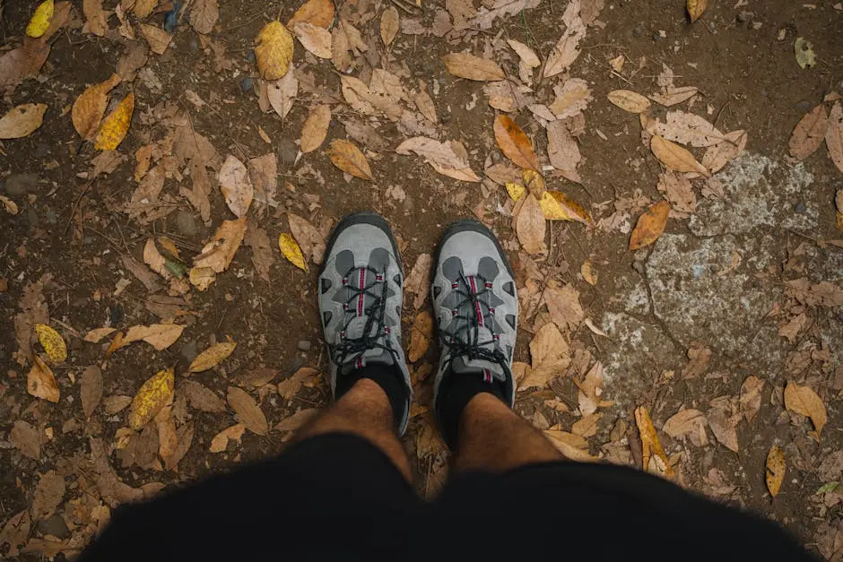 A person’s feet in black and grey shoes standing on a leaf covered ground