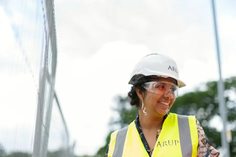 Smiling female engineer in protective gear at an outdoor construction site.