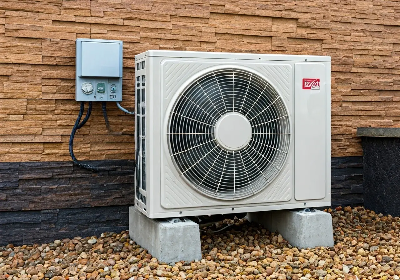 A modern heat pump installed outside a suburban home. 35mm stock photo