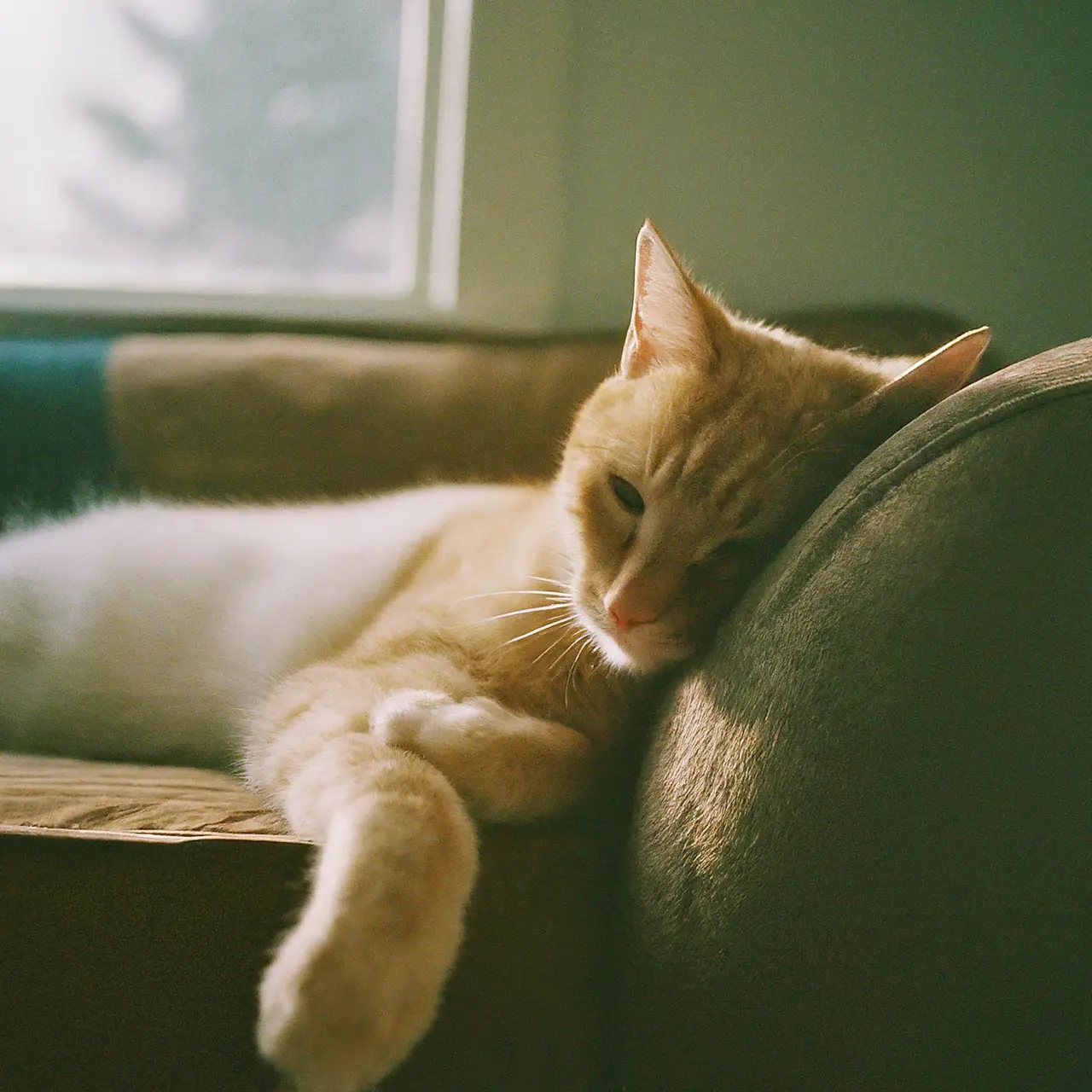 A cat peacefully lounging on a cozy couch. 35mm stock photo