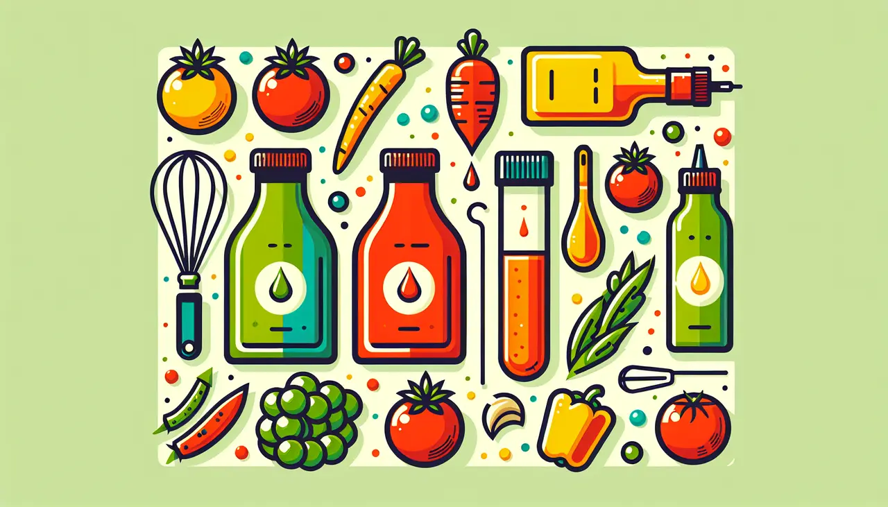 Draw a graphic in flat design style. A set of three colorful sauce bottles with labels, surrounded by illustrated vegetables and cooking utensils in Flat Design Style.