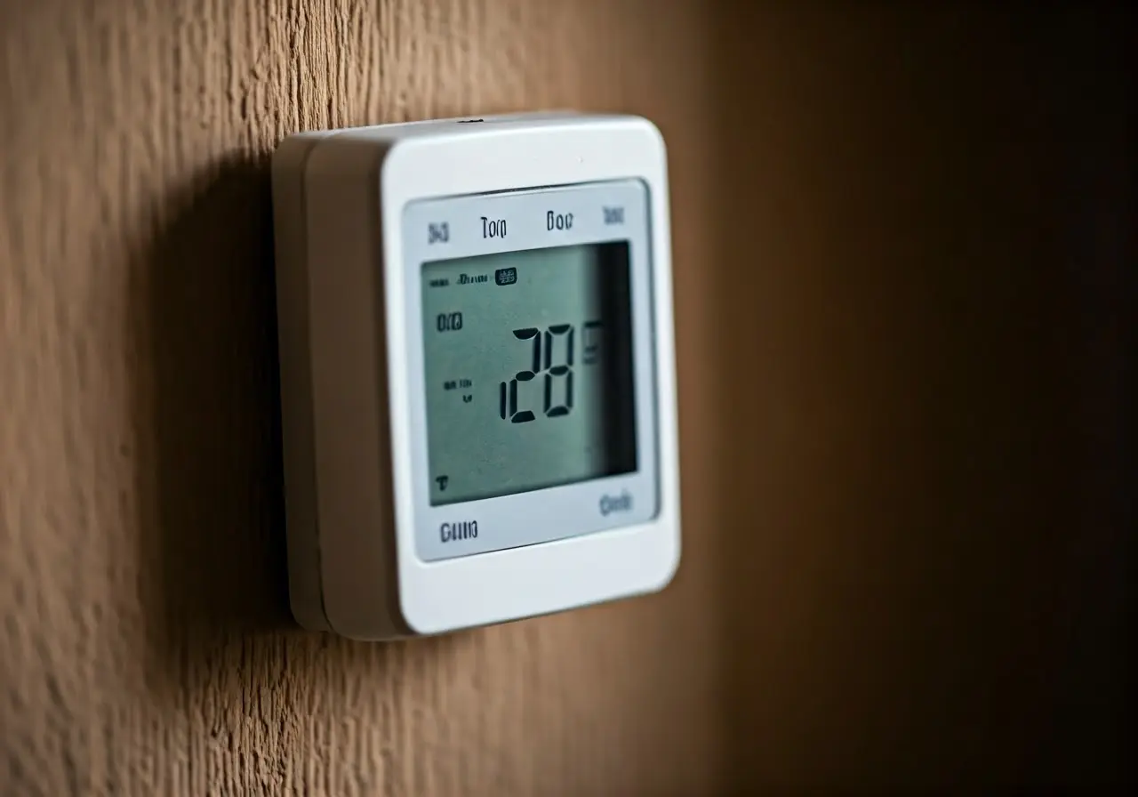 Close-up of a modern programmable thermostat on a wall. 35mm stock photo