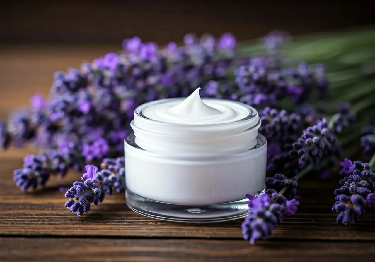 A jar of night cream surrounded by soothing lavender flowers. 35mm stock photo