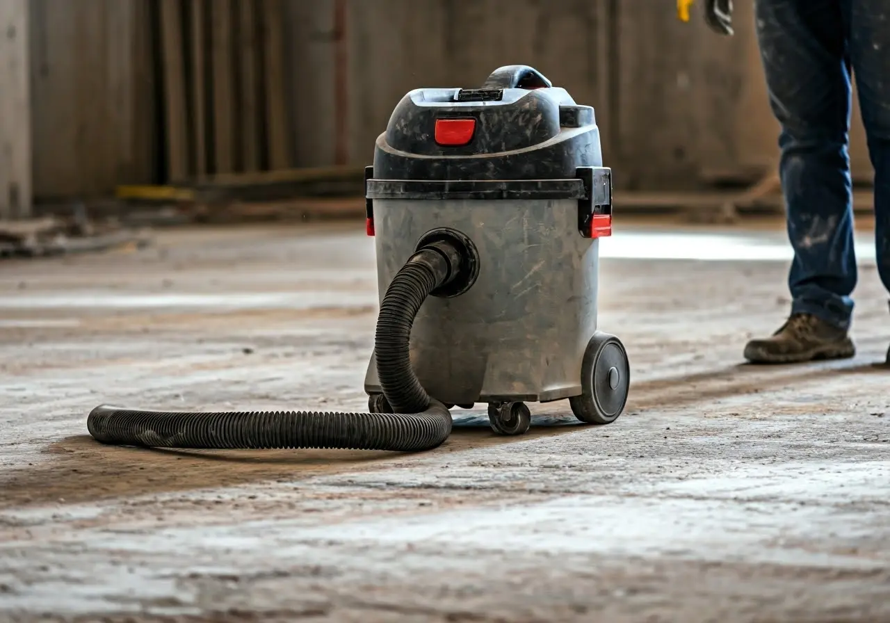 A vacuum tool effectively cleaning a construction site floor. 35mm stock photo