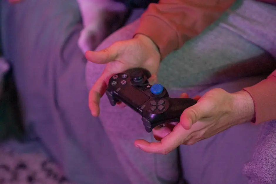 Focused shot of hands gripping a PlayStation controller, ready for gaming action.