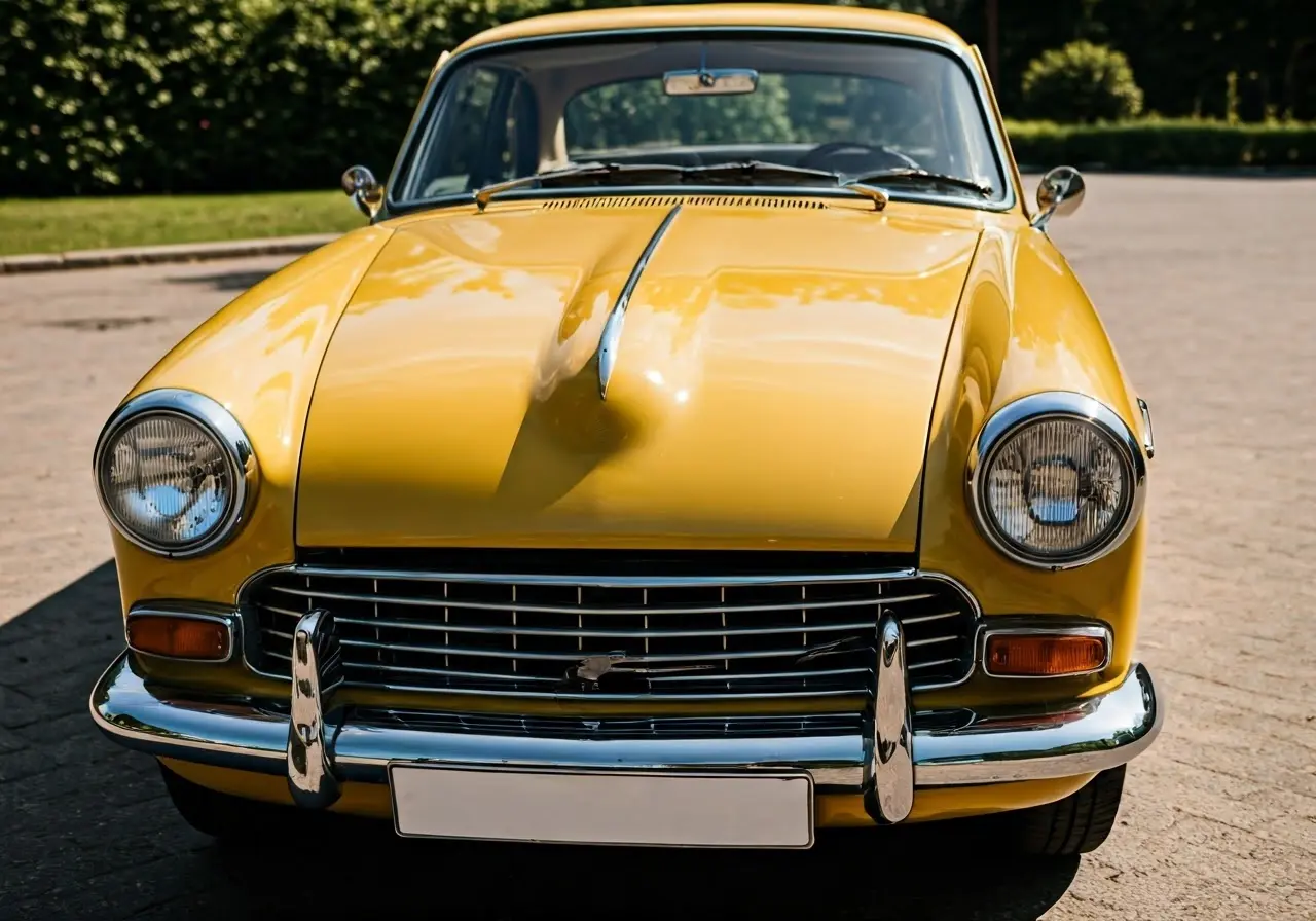 Close-up of a shiny, freshly detailed car under sunlight. 35mm stock photo