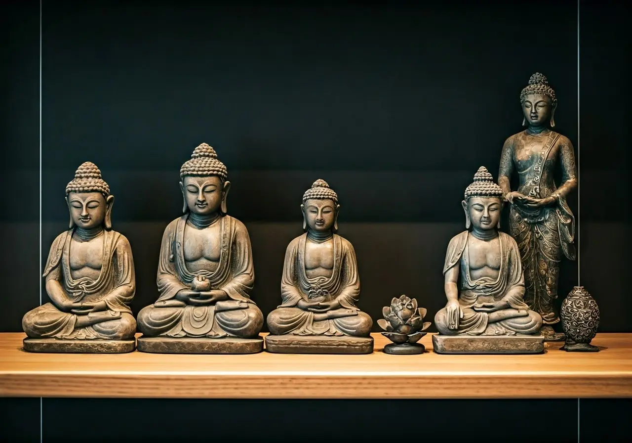 An array of spiritual statues on a minimalist wooden shelf. 35mm stock photo