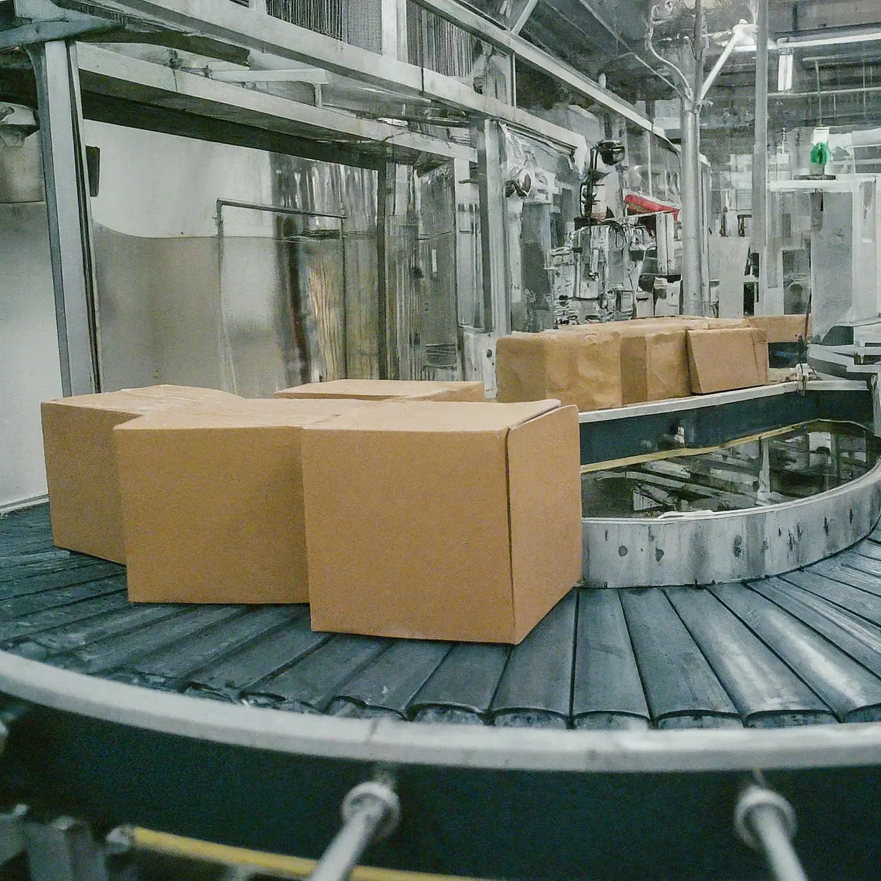 Factory production line with machinery and boxes. 35mm stock photo