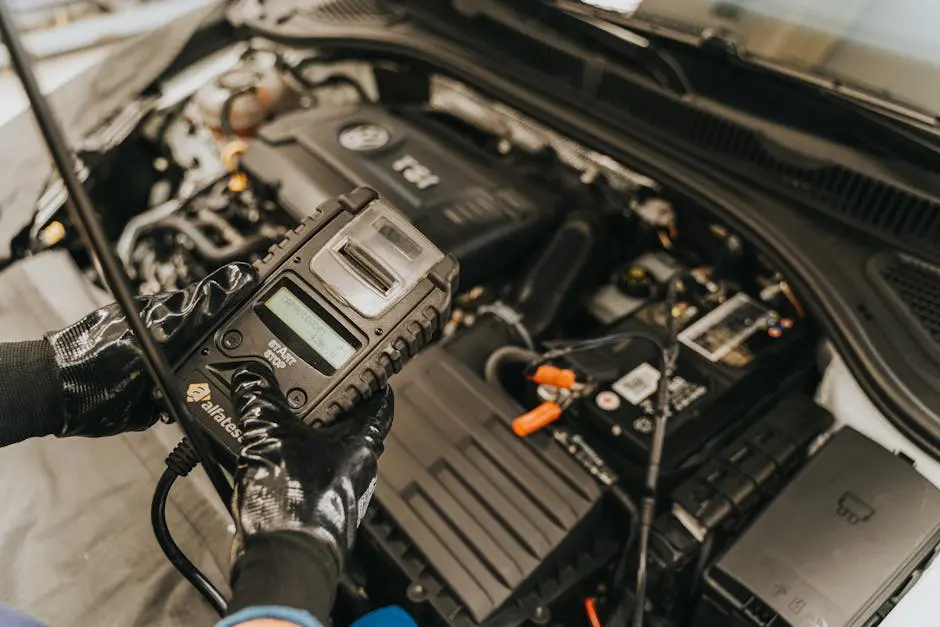 Mechanic diagnosing a car engine with a diagnostic tool, showcasing technical expertise and automotive care.