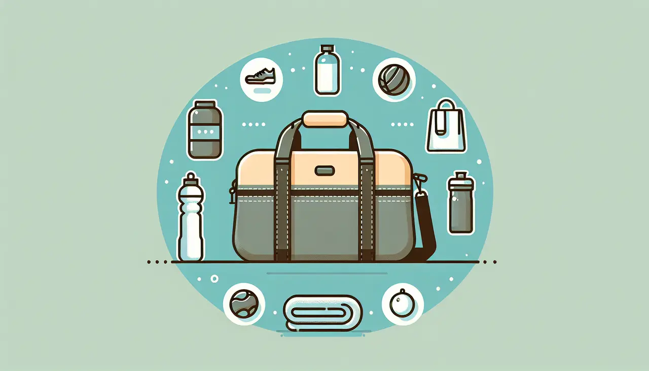 Draw a graphic in flat design style. A sleek office gym bag with seven minimalist icons representing essential items, like a water bottle, gym shoes, and a towel, displayed around it.