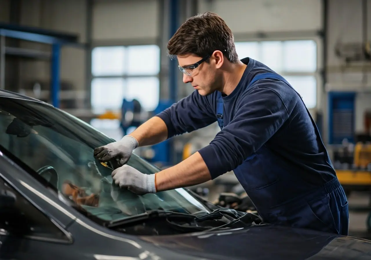 A technician repairing a car’s windshield in a workshop. 35mm stock photo