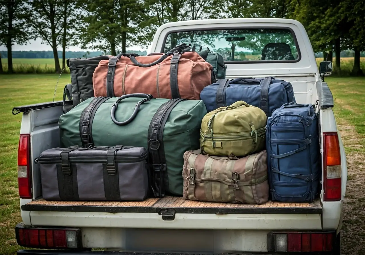 A truck filled with various travel accessories and gear. 35mm stock photo