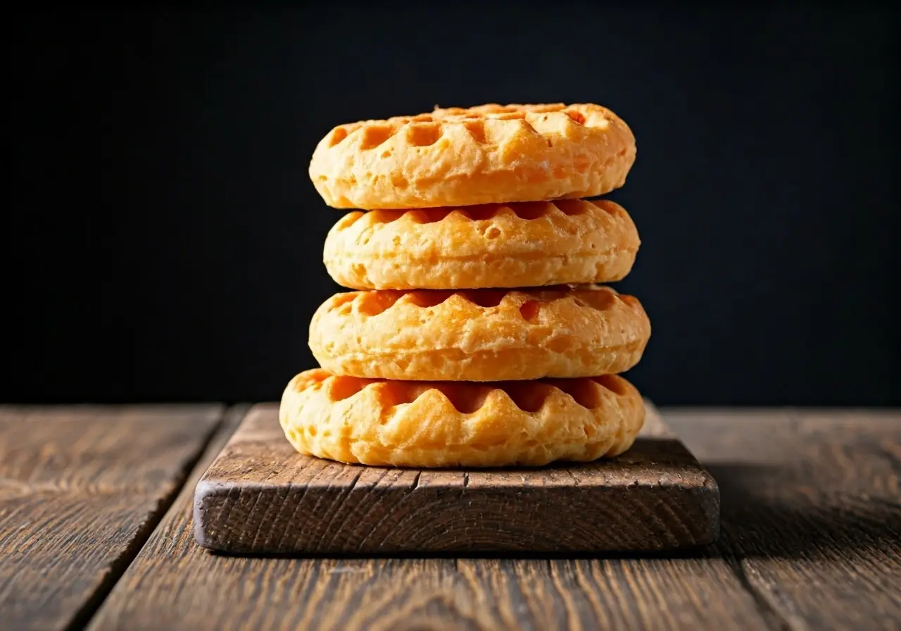 Golden cheese croffles stacked on a rustic wooden counter. 35mm stock photo