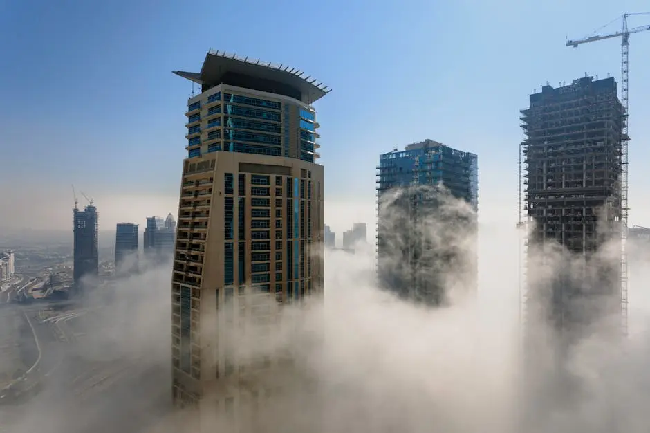 A foggy Dubai skyline with modern skyscrapers emerging above the mist during daylight.