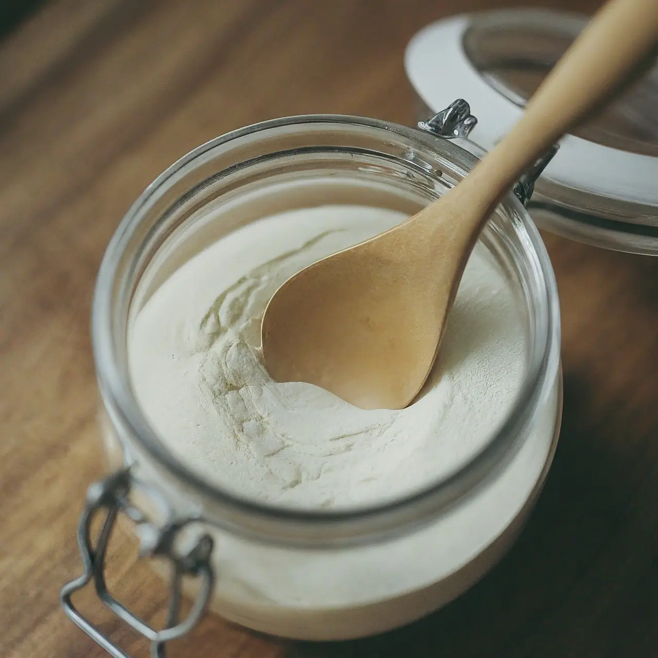 A jar of bovine collagen powder with a scoop inside. 35mm stock photo